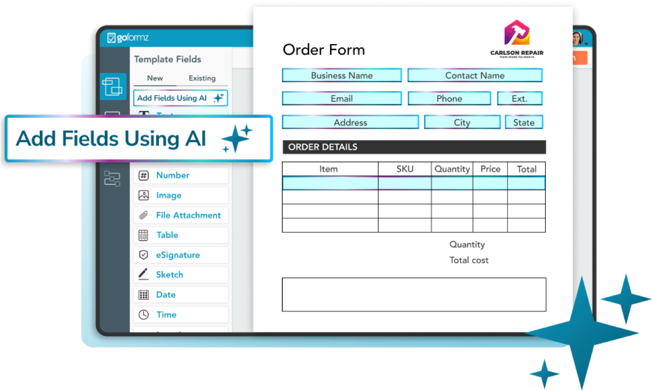AI Form Builder in GoFormz auto-detecting and adding smart fields to a digital order form