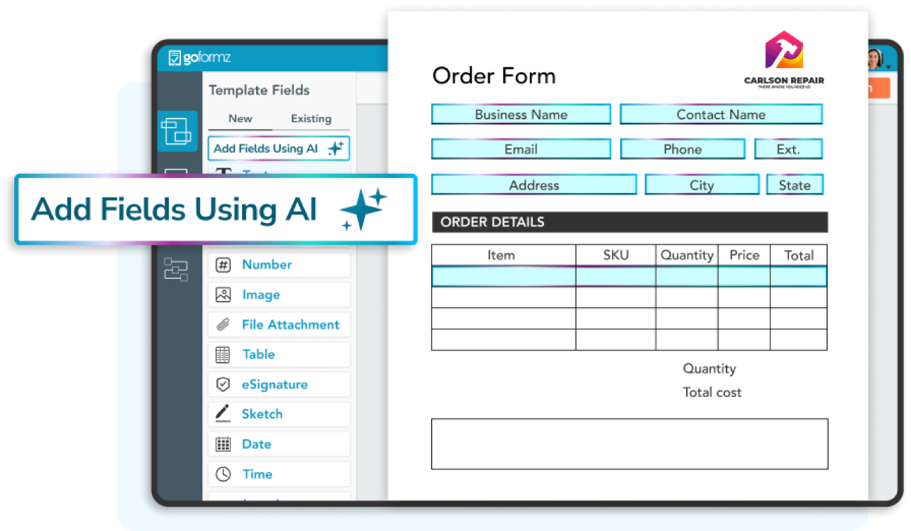 GoFormz AI Form Builder automatically adding smart fields to a digital order form, including text, image, eSignature, and table fields