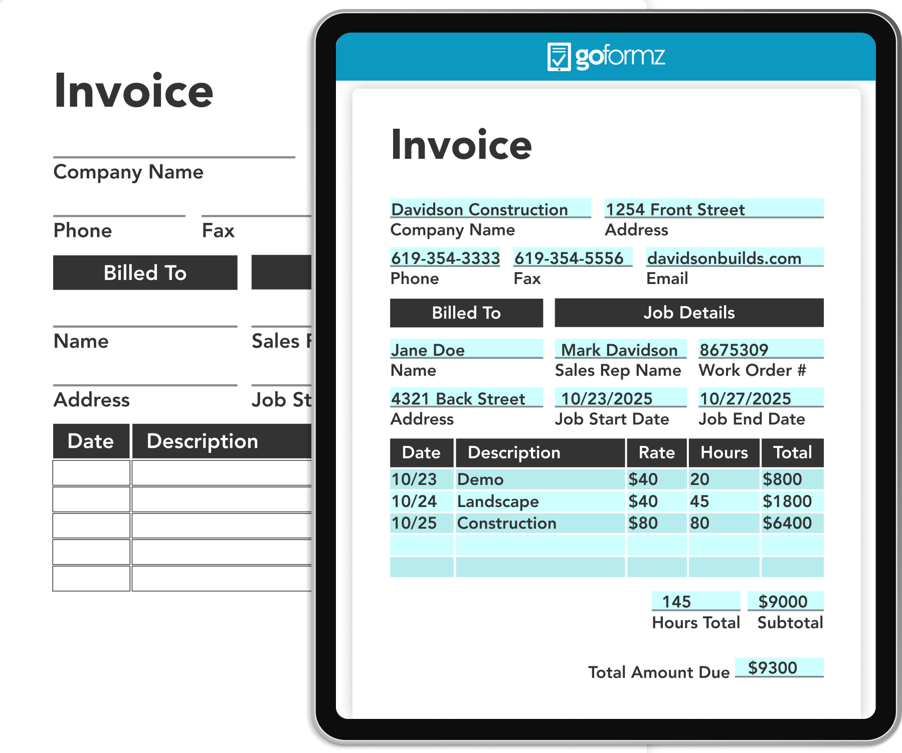 Paper invoice beside its identical digital invoice on a tablet, highlighting GoFormz exact replication for billing and back-office workflows.