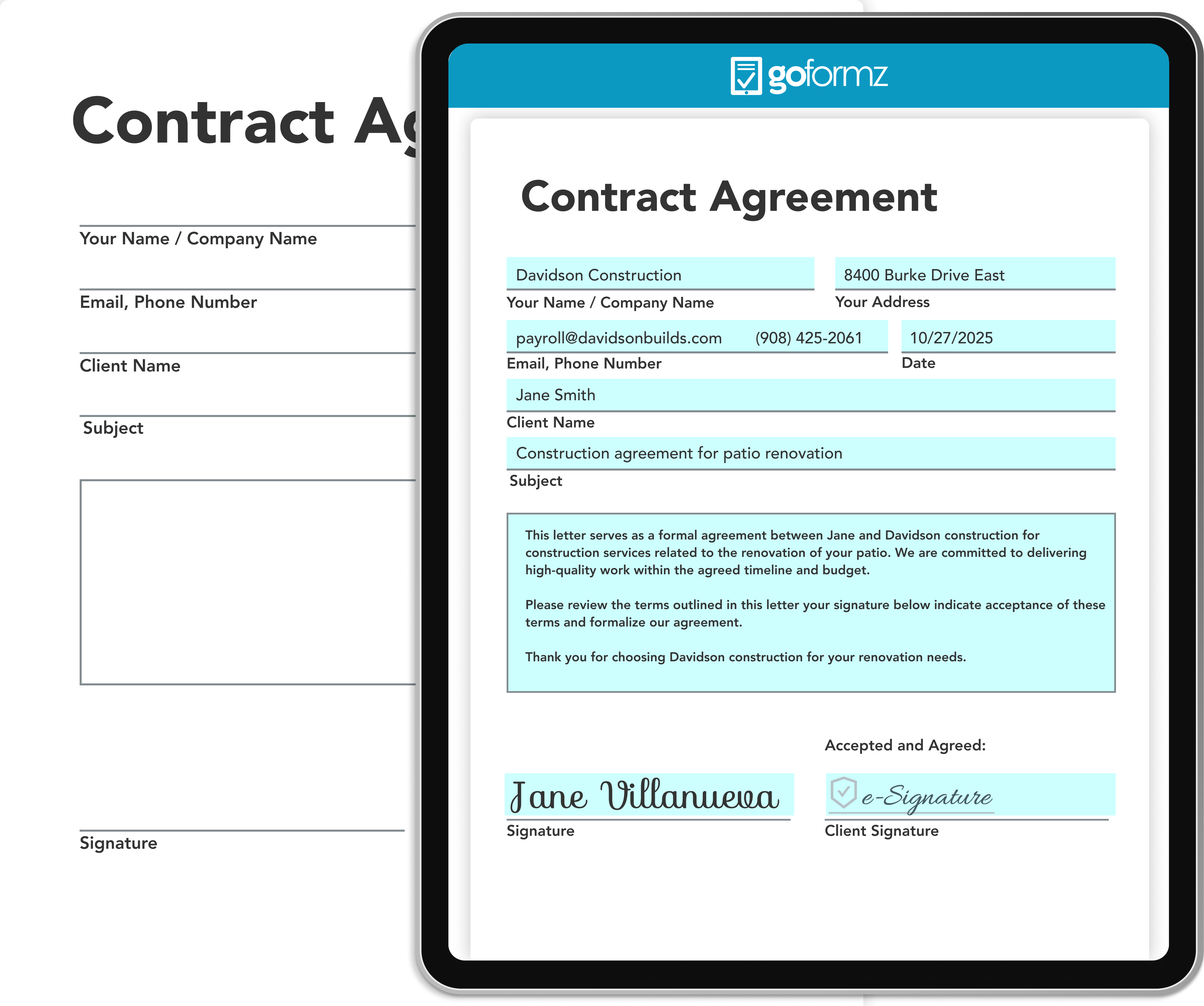 Paper contract beside its identical digital version on a tablet, showing GoFormz electronic Signature fields for compliant signing.