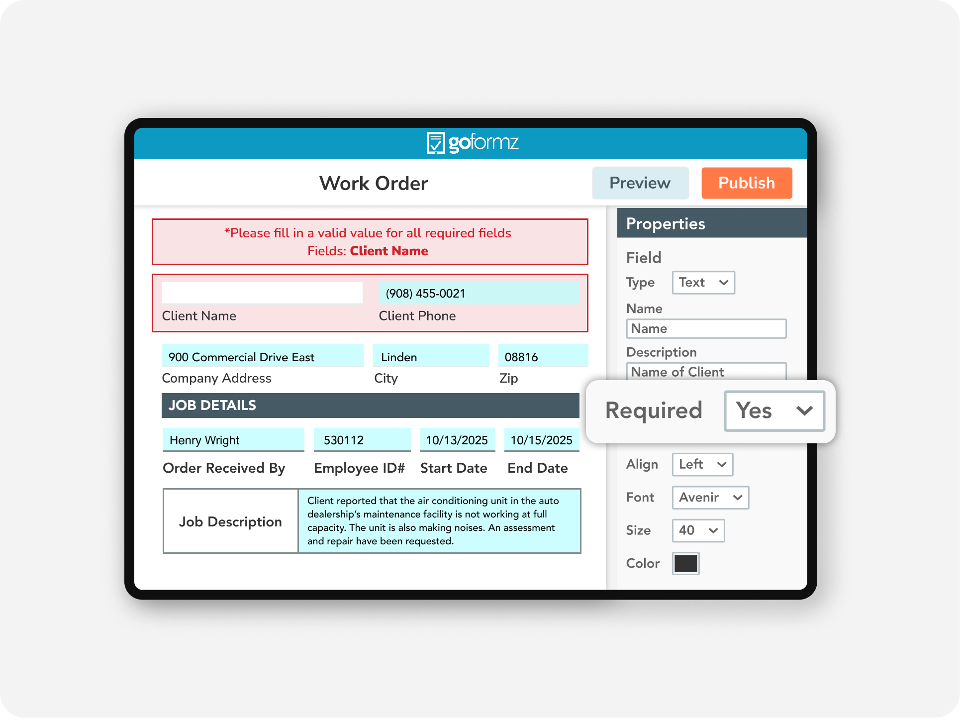 Smart digital work order form in GoFormz showing required fields and validation logic for accurate data entry.