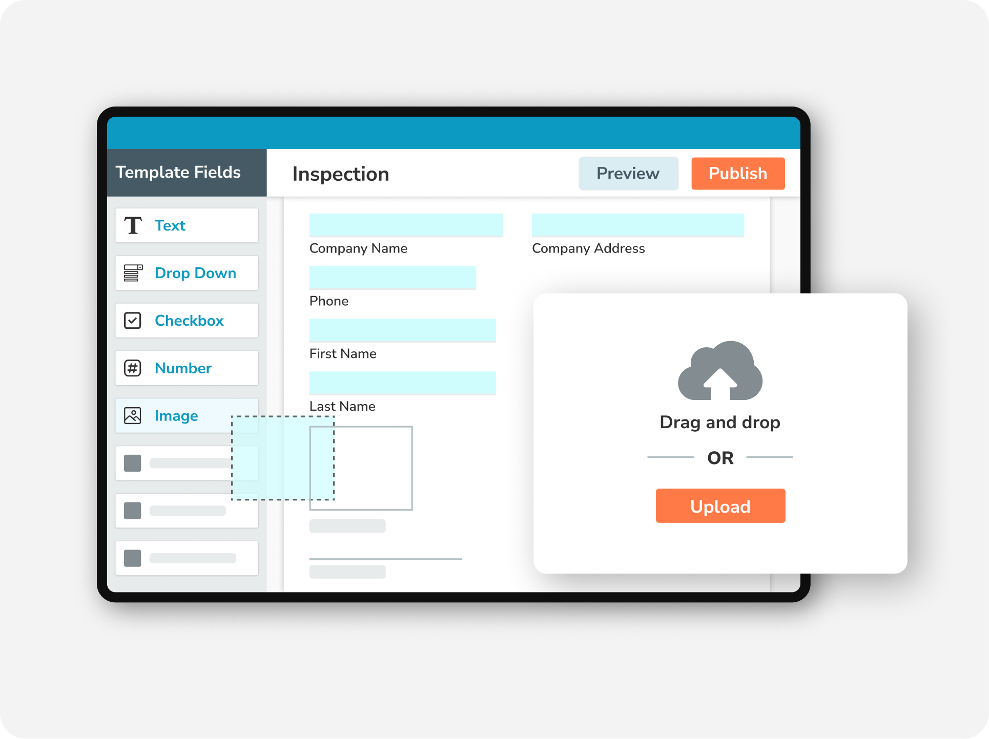 GoFormz inspection template builder uploading an existing checklist to add image fields, pass/fail items, notes, and electronic Signature fields.